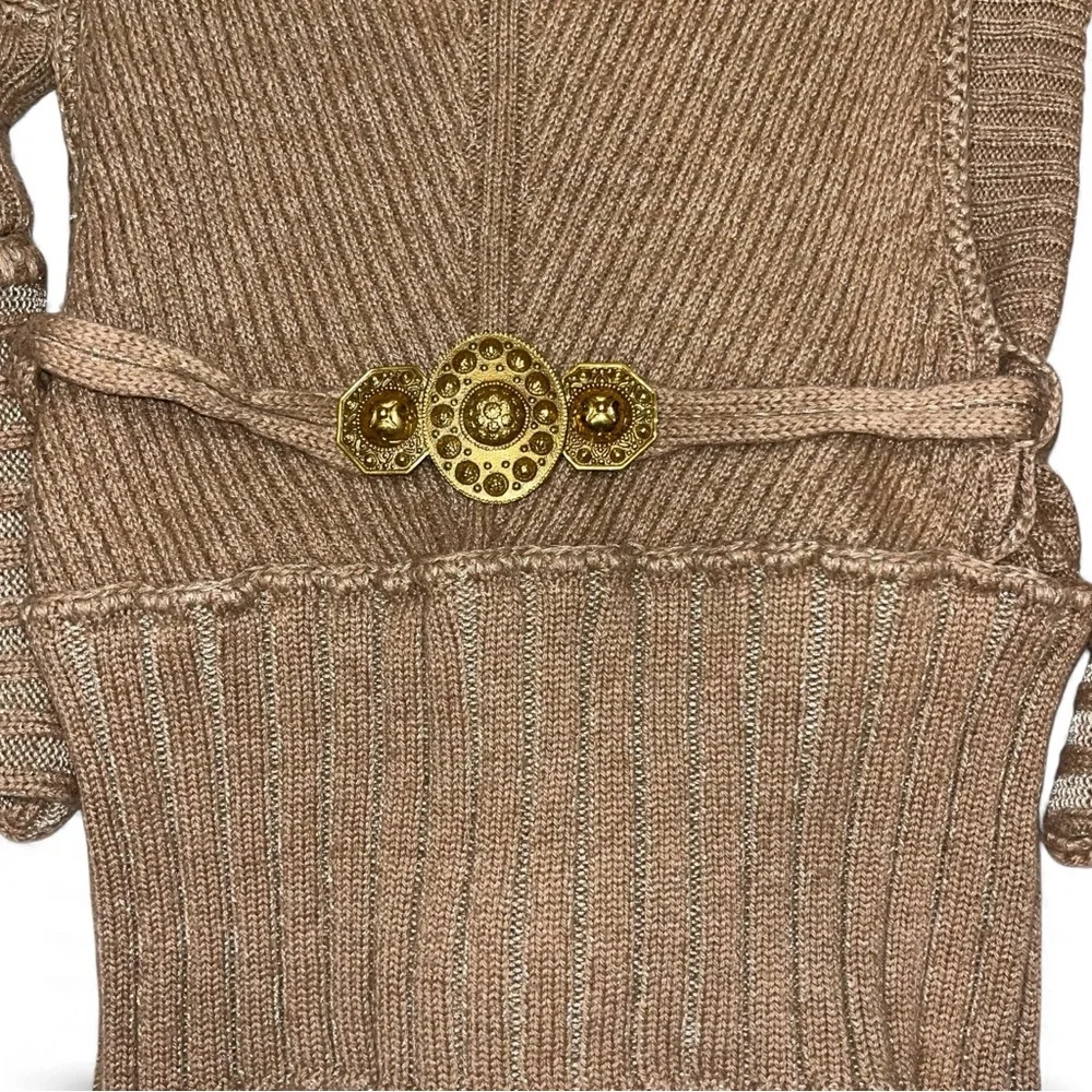 Roberto Cavalli Tan Sweater Camel Hair Belted Medallion V Neck 6 VTG Vintage 🟡